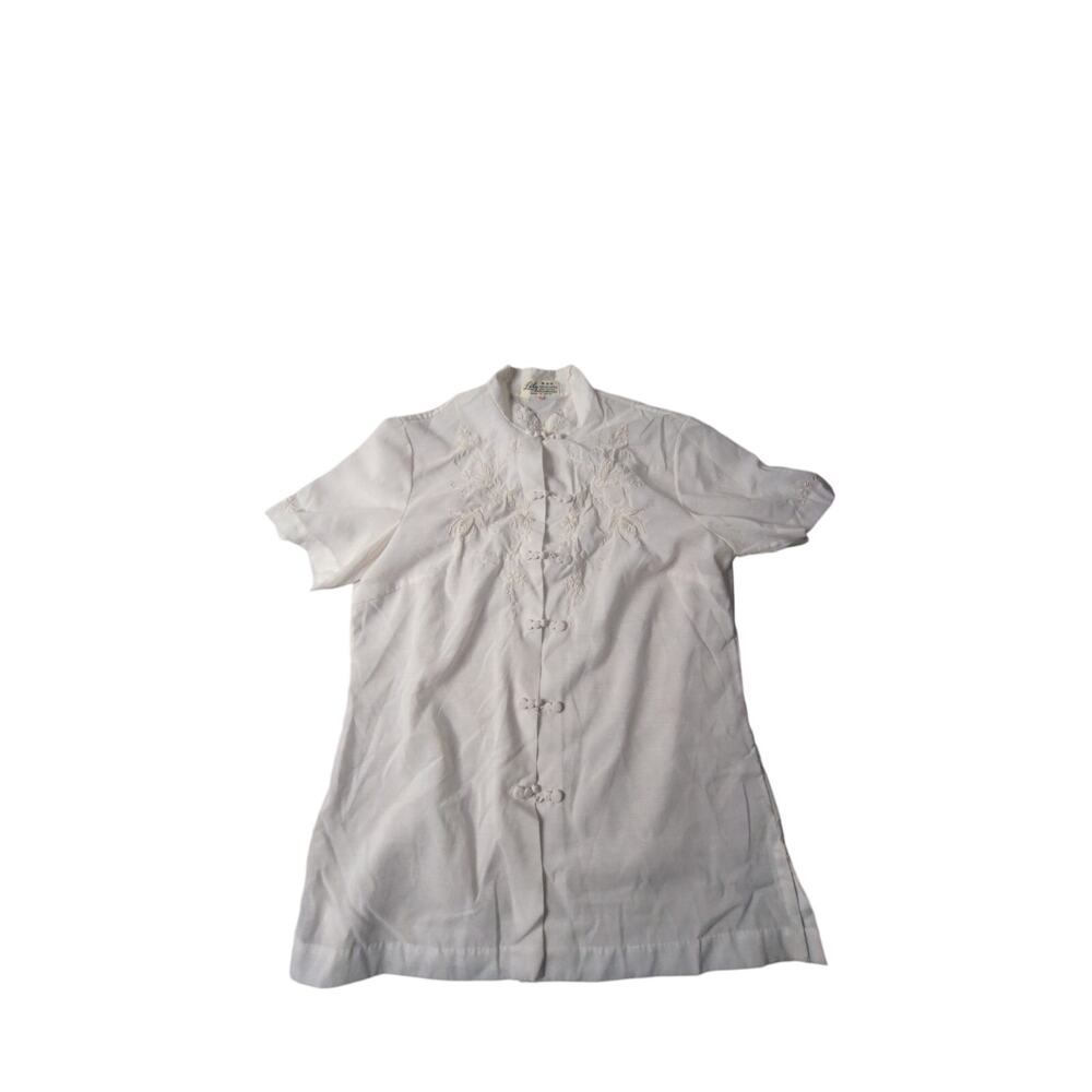 Vintage Lily White Embroidered Cheongsam Blouse Frog Button Mandarin Collar FLAW